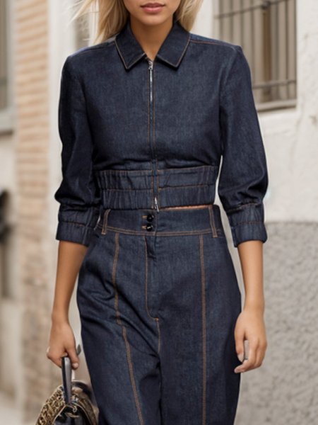 

Daily Casual Regular Fit Plain Zipper Denim Top, Denim blue, Jackets
