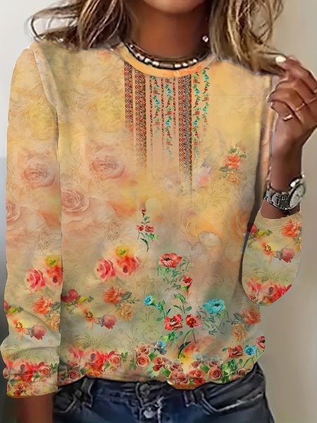 

Casual Floral Crew Neck Long Sleeve T-shirt, Yellow, T-shirts