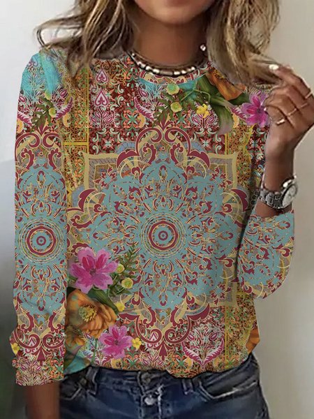 

Casual Ethnic Crew Neck Short Sleeve T-shirt, Multicolor, T-shirts