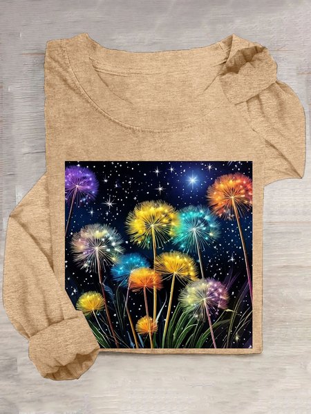 

Casual Dandelion Crew Neck Long Sleeve T-shirt, Apricot, T-shirts