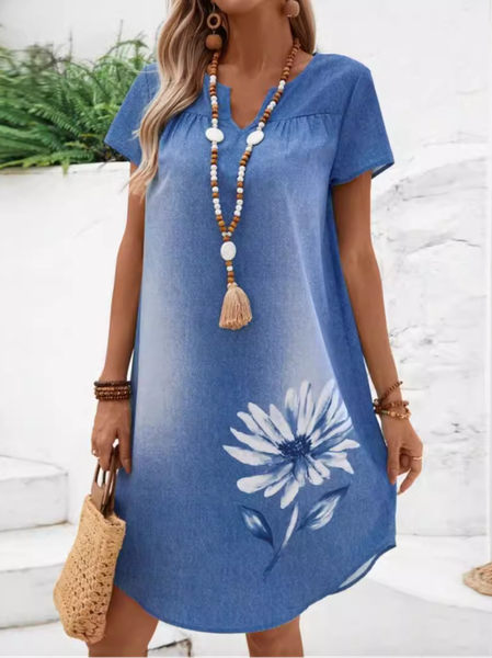 

Women Plain Crew Neck Short Sleeve Comfy Casual Midi Dress, Blue, Midi