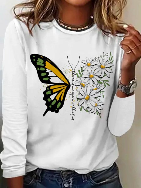 

Casual Butterfly Crew Neck Long Sleeve T-shirt, White, T-shirts