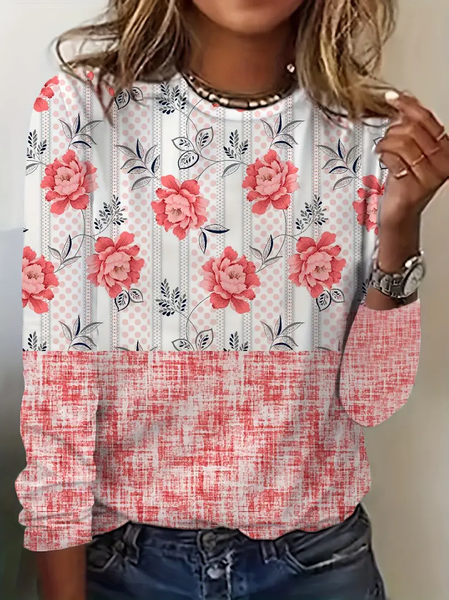 

Casual Floral Crew Neck Long Sleeve T-shirt, Red, T-shirts