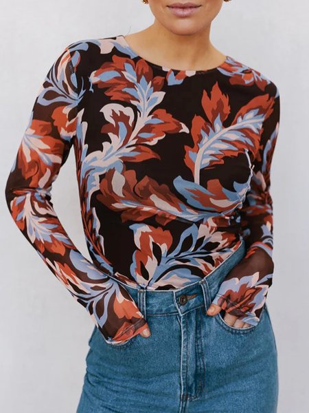 

Crew Neck Floral Daily Regular Fit T-Shirt, As picture, Tees