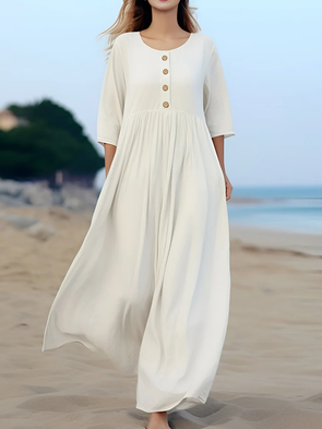 Loose Casual Cotton And Linen Dress, White, Maxi Dresses