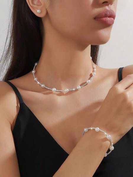 

3pcs/set Elegant Imitation Pearl Party Rhinestone Jewelry Set, Silver, Jewelry