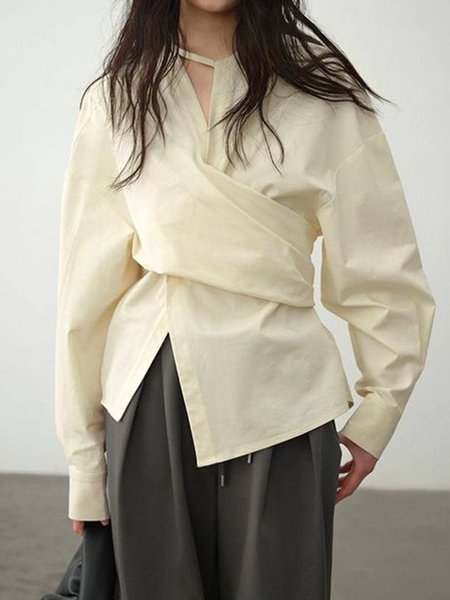 Casual Plain Regular Sleeve Irregular Craftsmanship Shirt, Apricot, Blouses and Shirts