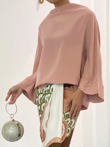 Stand Collar Plain Elegant Long Sleeve Blouse, Light pink, Blouses and Shirts