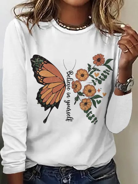 

Casual Floral Crew Neck Long Sleeve T-shirt, White, T-shirts