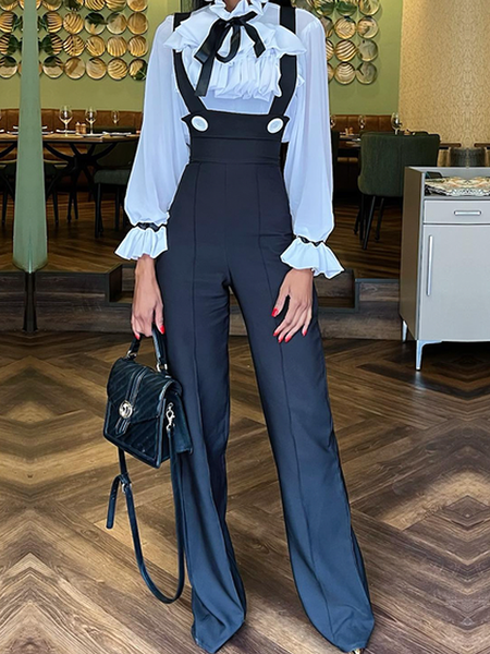 

Regular Fit Elegant Pocket Stitching Bib Pants Pocket Stitching, Black, Jumpsuits