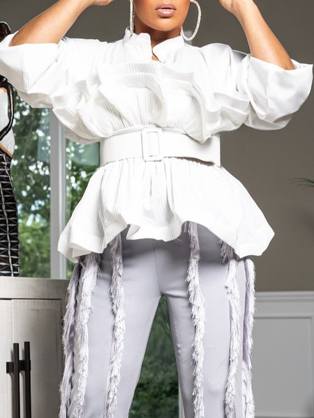 

Regular Fit Stand Collar Pleated Urban Plain Shirt, White, Blouses and Shirts