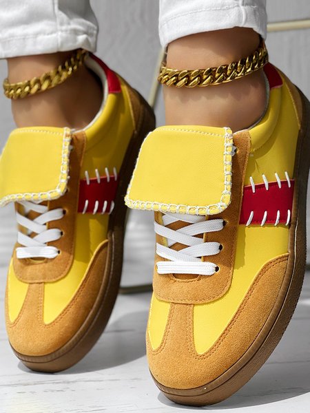

Women Sneakers Casual Lace-Up Flat Heel Slip On Shoes, Yellow, Women shoes