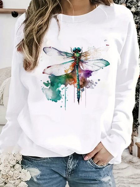 

Casual Crew Neck Dragonfly Sweatshirt, White, Hoodies & Sweatshirts