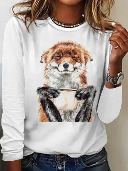 Casual Animal Crew Neck Long Sleeve T-shirt, White, T-shirts