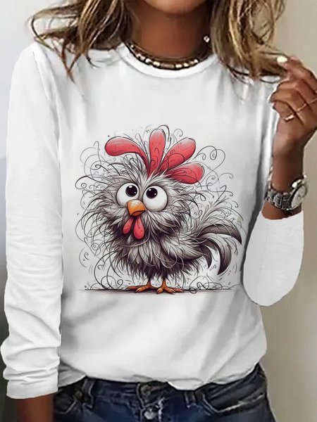 

Casual Animal Crew Neck Long Sleeve T-shirt, White, T-shirts