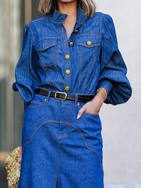 

Balloon Sleeve Urban Pocket Stitching Denim Shirt, Blue, Blouses and Shirts