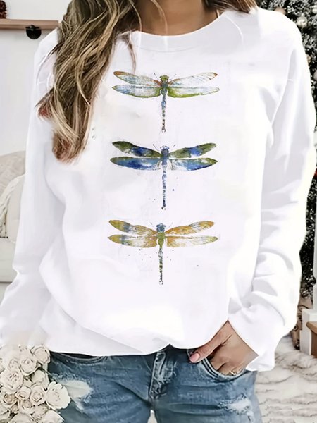 

Casual Crew Neck Dragonfly Sweatshirt, White, Hoodies & Sweatshirts