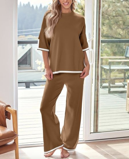 Plain Loose Casual Two-Piece Set, Caramel, Suits