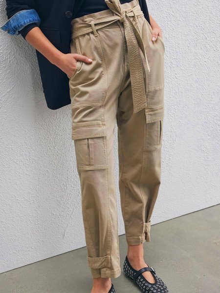 

Pocket Stitching Plain Urban Regular Fit Cargo Pants, Khaki, Pants