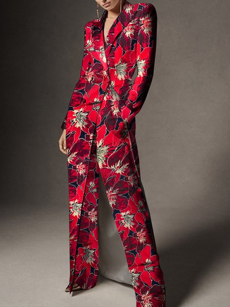 

Lapel Collar Floral Regular Sleeve Urban Blazer, Red, Blazers