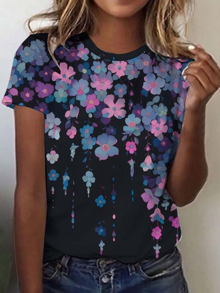 

Loose Casual Floral Crew Neck T-Shirt, Deep blue, T-shirts