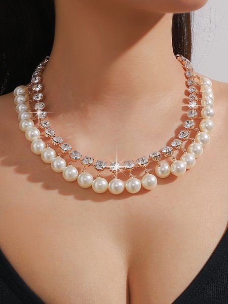 

Elegant Imitation Pearl Rhinestone Double Layer Necklace, Golden, Necklaces