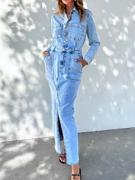 

Regular Sleeve Urban Pocket Stitching Plain Denim Dress, Blue, Maxi Dresses