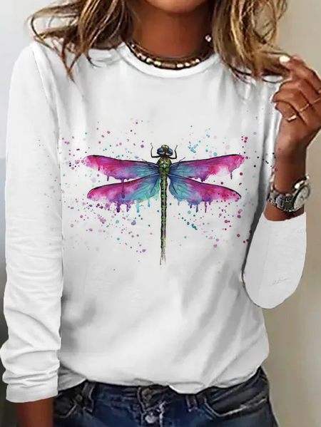 

Casual Dragonfly Crew Neck Long Sleeve T-shirt, White, T-shirts