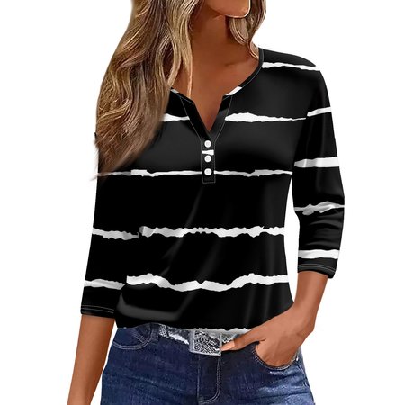 

Women's Three Quarter Sleeve Tee T-shirt Spring/Fall Abstract Stripes Jersey Notched Daily Going Out Casual Top Green, Black, T-Shirts