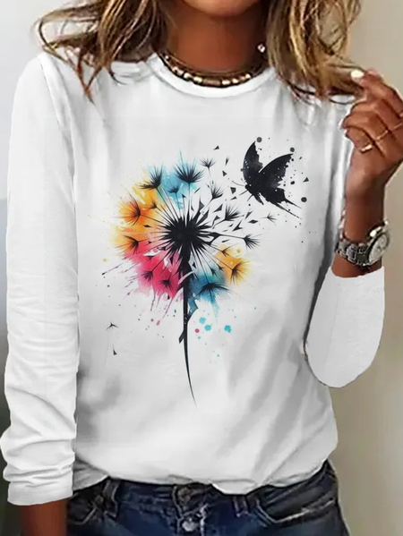 

Casual Floral Crew Neck Long Sleeve T-shirt, White, T-shirts