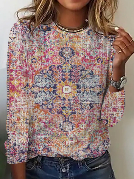 

Casual Ethnic Crew Neck Long Sleeve T-shirt, Multicolor, T-shirts