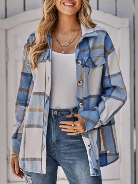

Shirt Collar Long Sleeve Plaid Regular Loose Shirt For Women, Blue, Coats