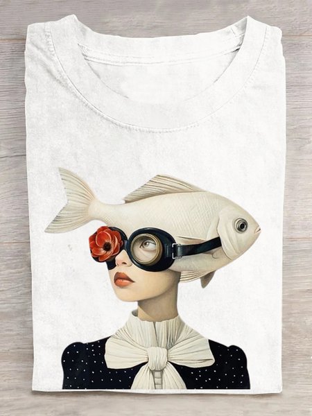 Casual Abstract Crew Neck Short Sleeve T-shirt, White, T-shirts