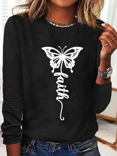 

Casual Butterfly Crew Neck Long Sleeve T-shirt, Black, T-shirts