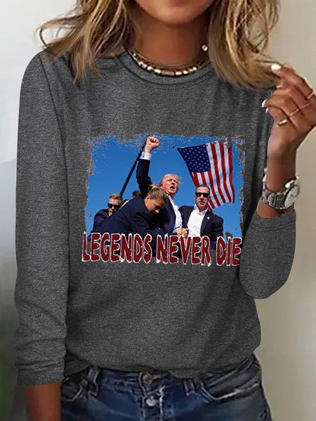 Casual Text Letters Crew Neck Long Sleeve T-shirt, Gray, T-shirts