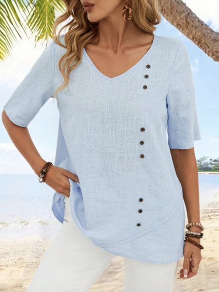 

V Neck Half Sleeve Plain Regular Loose Blouse For Women, Sky blue, Blouses