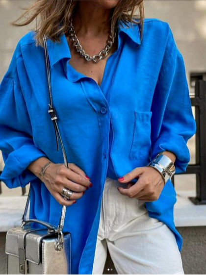 

Casual Cotton Shawl Collar Loose Shirt, Blue, Blouses & Shirts