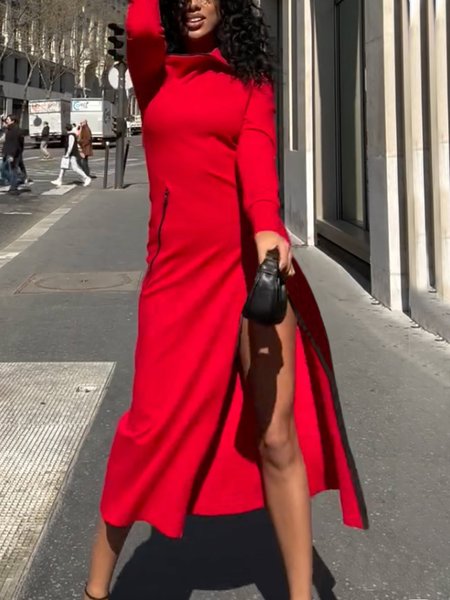 

Long Sleeve Asymmetrical Urban Regular Fit Midi Dress, Red, Midi Dresses
