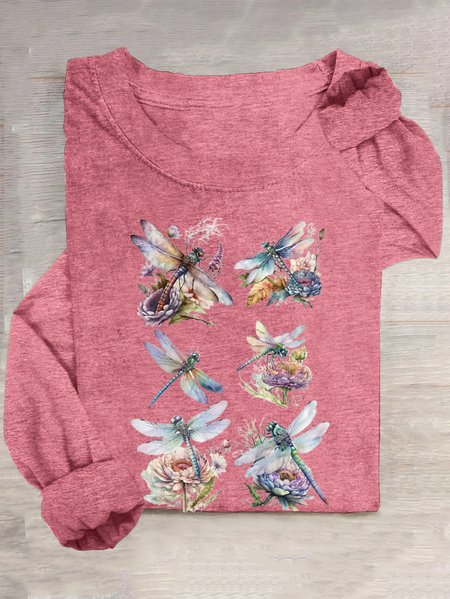 

Casual Floral Crew Neck Long Sleeve T-shirt, Pink, T-shirts