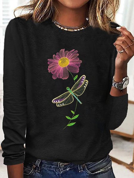 

Casual Floral Crew Neck Long Sleeve T-shirt, Black, T-shirts