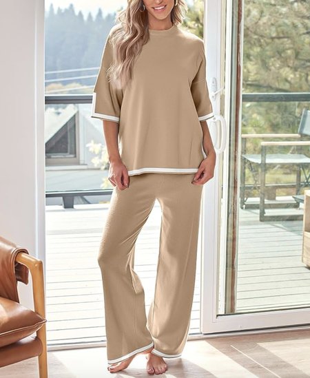 

Women Plain Crew Neck Half Sleeve Comfy Casual Top With Pants Two-Piece Set, Caramel, Sets