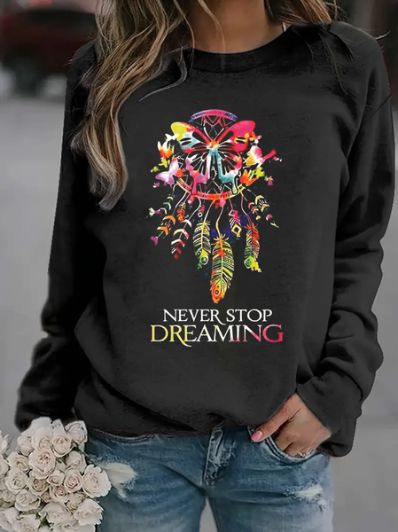 Casual Crew Neck Butterfly Sweatshirt, Black, Hoodies & Sweatshirts