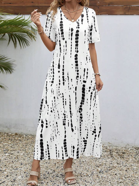 Women Striped V Neck Short Sleeve Comfy Casual Maxi Dress, White, Maxi