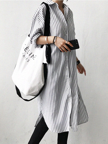 

Shirt Collar Long Sleeve Striped Regular Loose Shirt For Women, Black, Shirts