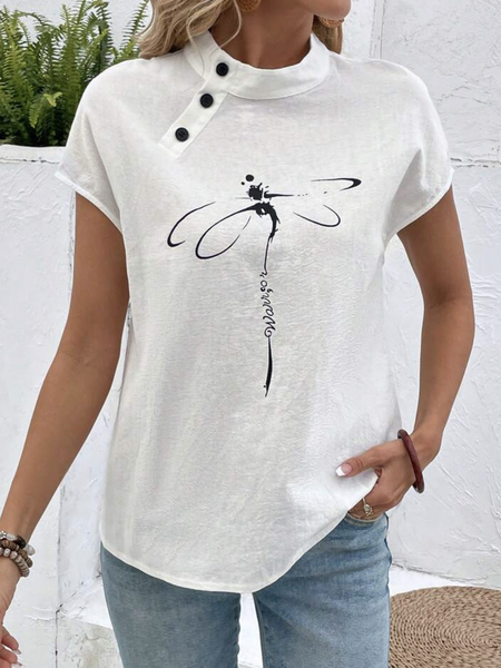 

Stand Collar Short Sleeve Dragonfly Regular Loose Blouse For Women, White, Blouses