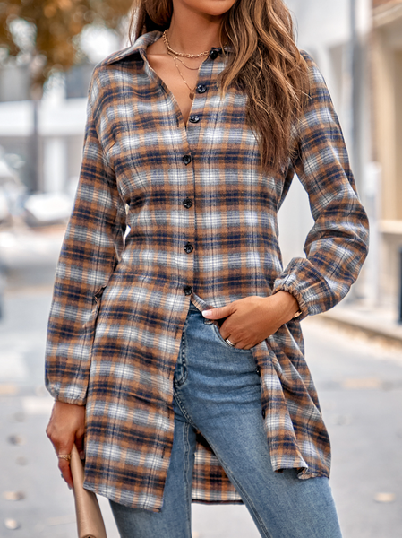 Shirt Collar Long Sleeve Plaid Regular Loose Shirt For Women, Orange, Shirts
