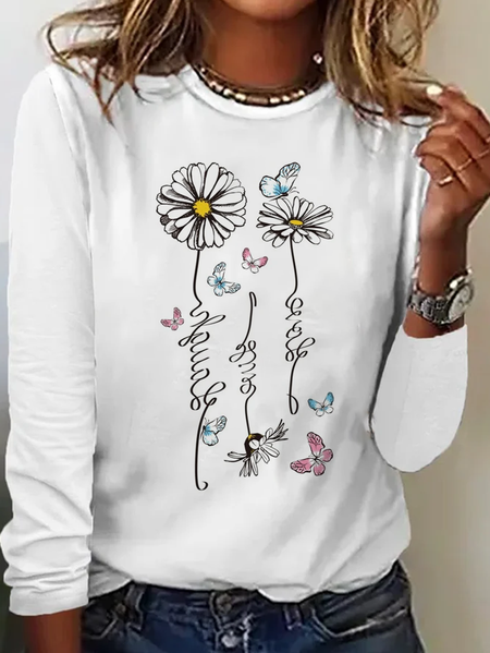 Casual Daisy Crew Neck Long Sleeve T-shirt, White, T-shirts