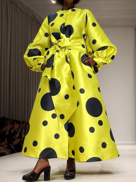

Regular Fit Balloon Sleeve Polka Dots Pocket Stitching Elegant Shirt Dress With Belt, Yellow, Maxi Dresses