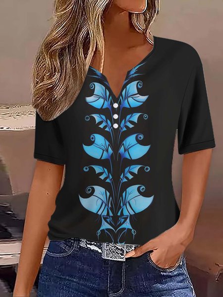 Casual Floral Notched Short Sleeve T-shirt, Black, T-shirts