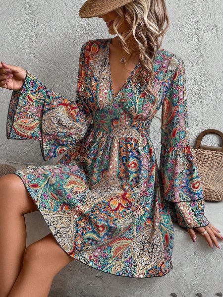 Women Ethnic V Neck Long Sleeve Comfy Casual Mini Dress, Flower, Midi